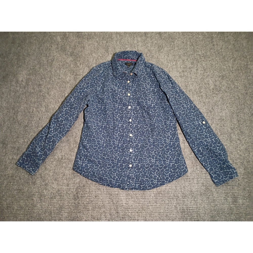 Vintage 2014 Talbots Women's Blue Abstract Animal Print Button Down Shirt Size 8